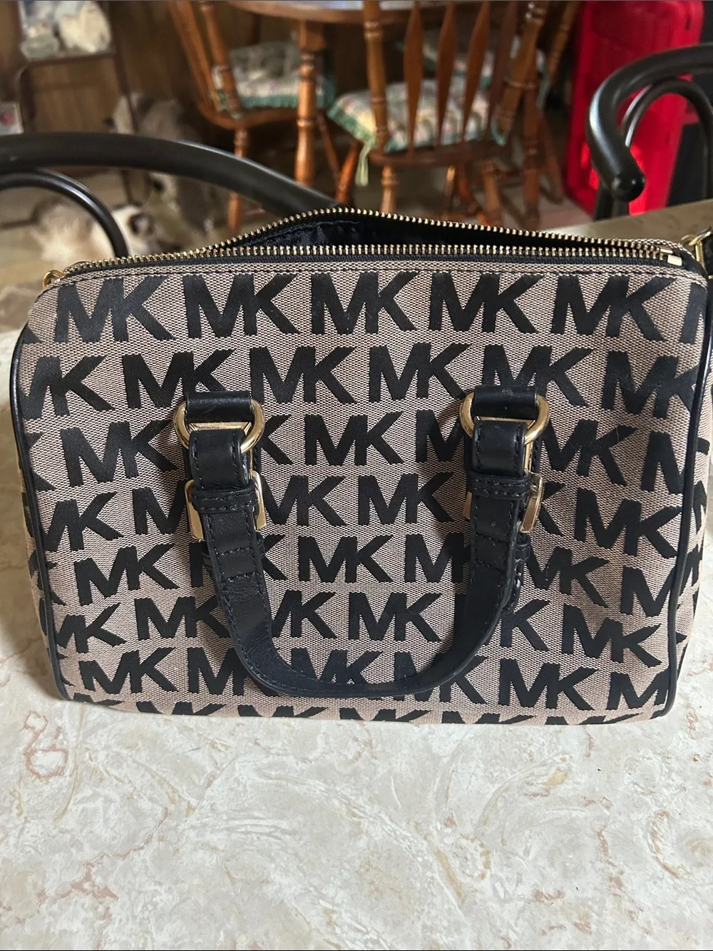 MICHAEL Michael Kors Taupe MK Logo Satchel with Black Handles and Gold Hardware